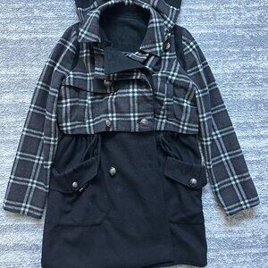 Black Hooded Pea Coat with Trench Accents